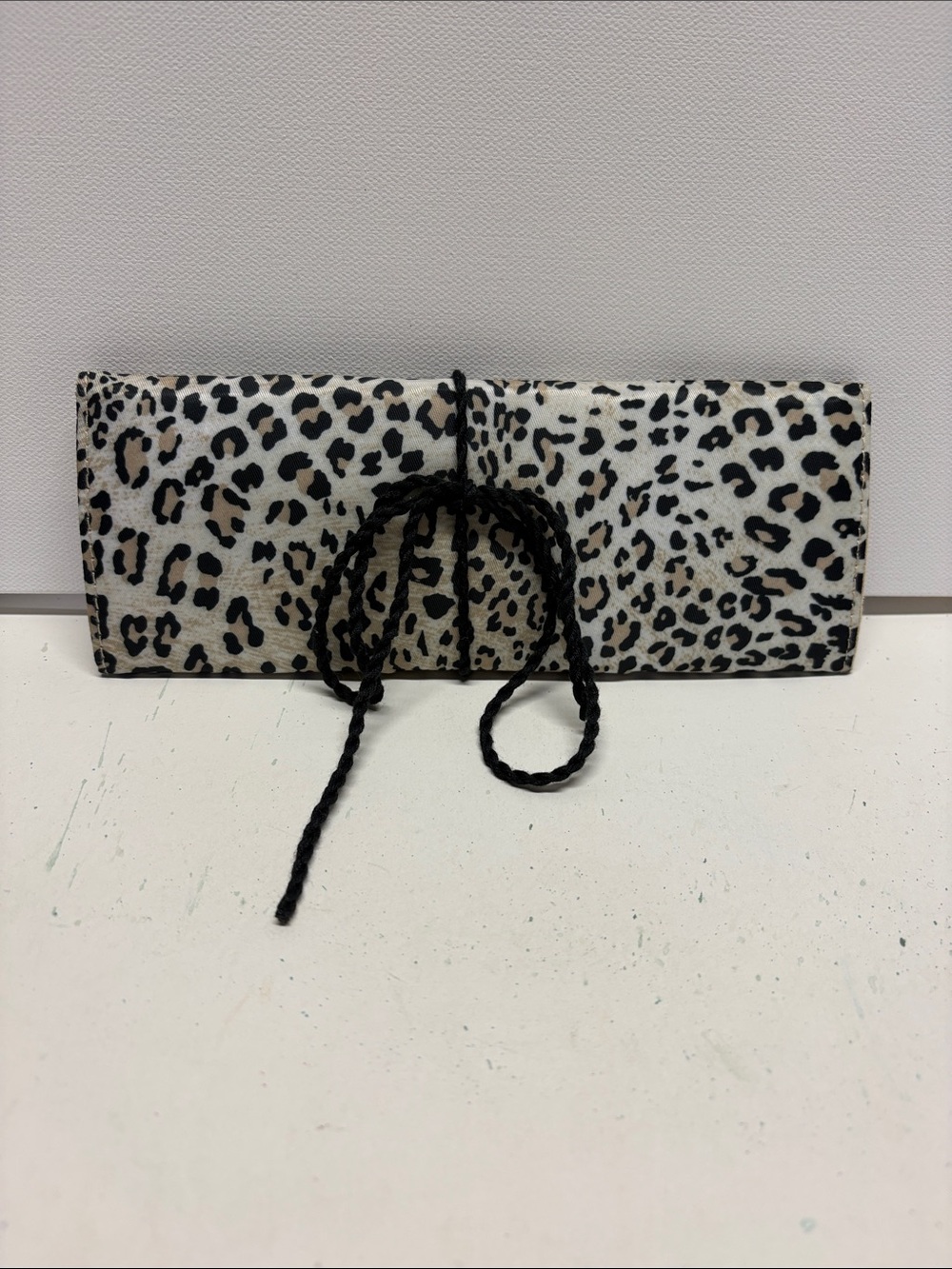 Leopard Print Foldover Jewelry Clutch with Black Tie